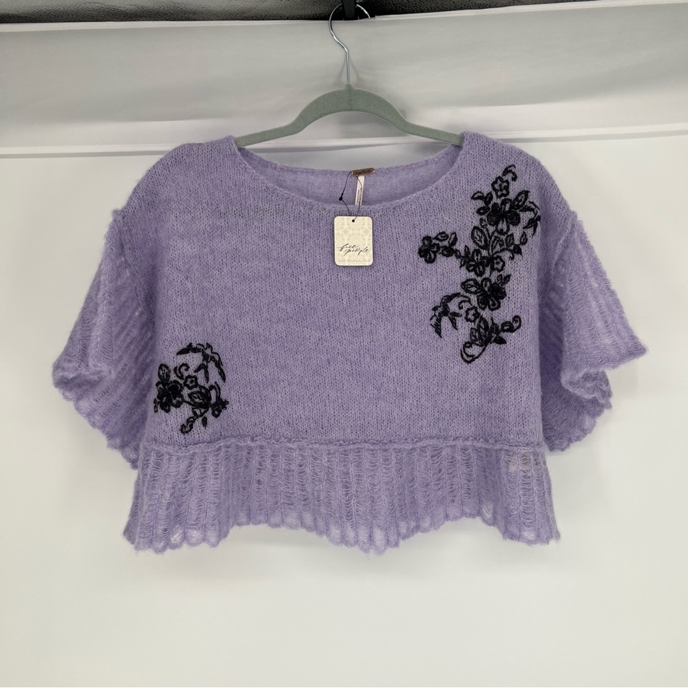 Free People Purple Embroidered Alpaca Blend Cropped Pointelle Knit Sweater S NWT - Picture 2 of 10